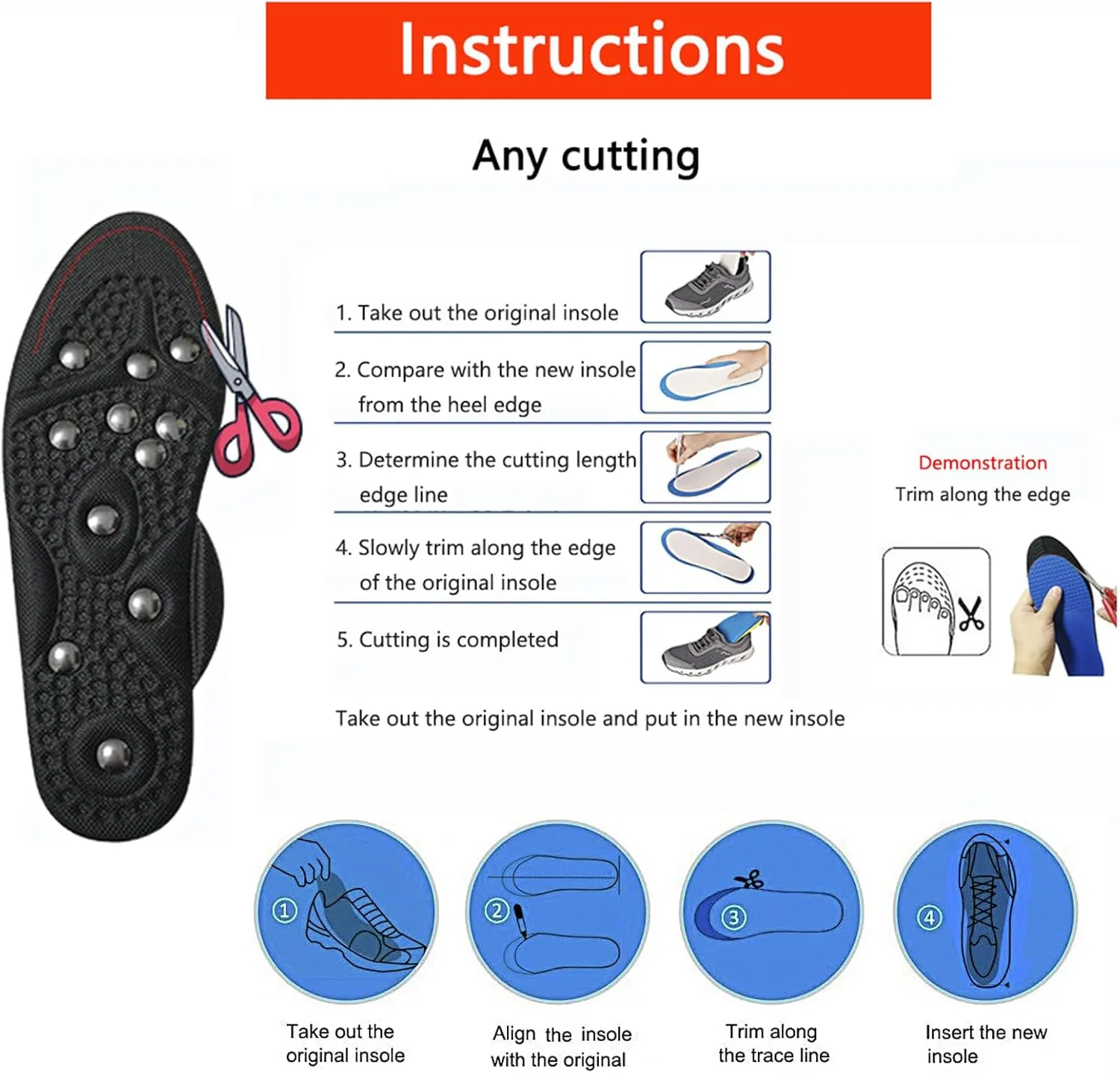 2 Pairs Acupressure Insoles, Magnetic Insoles, Magnetic Massage Insoles for Women Men, Orthopaedic Insoles, Reflexology Insoles, Shoe Inserts for Plantar Fasciitis,L,2 Pairs