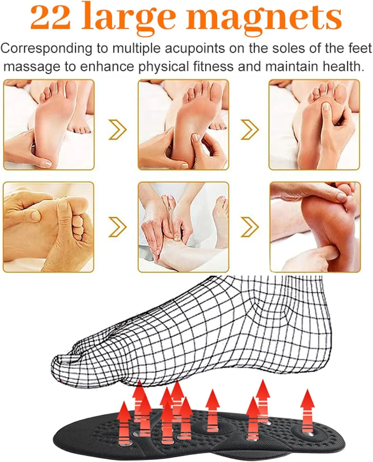 2 Pairs Acupressure Insoles, Magnetic Insoles, Magnetic Massage Insoles for Women Men, Orthopaedic Insoles, Reflexology Insoles, Shoe Inserts for Plantar Fasciitis,L,2 Pairs