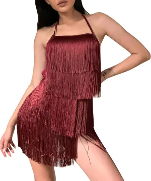 ABAFIP Women Halter Backless Fringe Mini Dress Layered Tassel Cocktail Concert Rave Party Mini Dance Dress