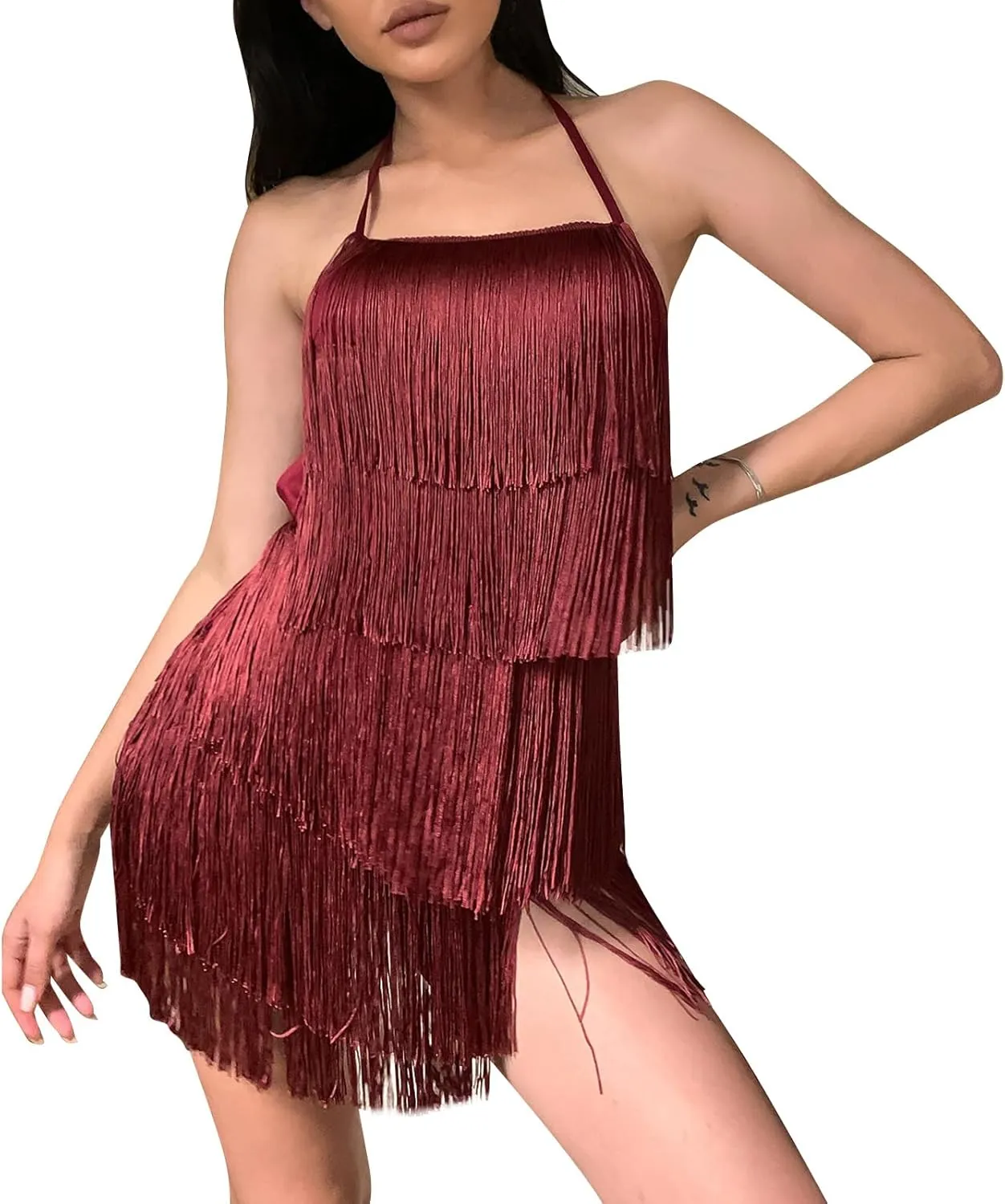 ABAFIP Women Halter Backless Fringe Mini Dress Layered Tassel Cocktail Concert Rave Party Mini Dance Dress
