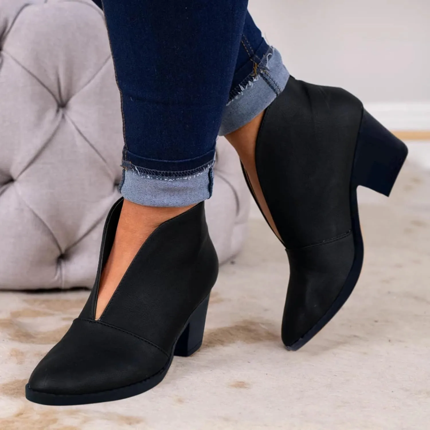 Arch Support Wedge Ankle Boots for Women V Cut Pull On Stacked Chunky Block Mid Heel Booties Comfy Walking Wide Width Orthopedic Short Boots for Women Winter Fall Party Dressy