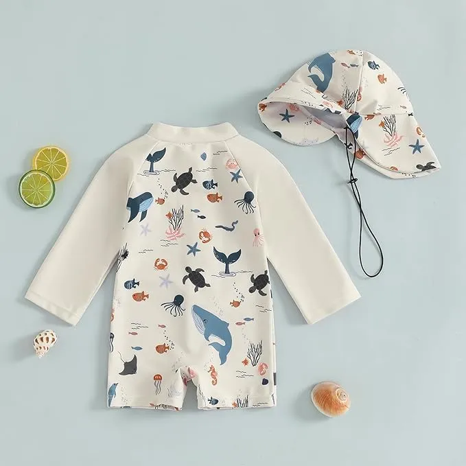 Baby Boys' Toddler Rash Guard Swimsuit Long Sleeve Sun Protection One Piece Zipper Bathing Suit with Sun Hat Beach Swimwear