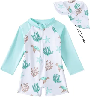 Baby Boys' Toddler Rash Guard Swimsuit Long Sleeve Sun Protection One Piece Zipper Bathing Suit with Sun Hat Beach Swimwear