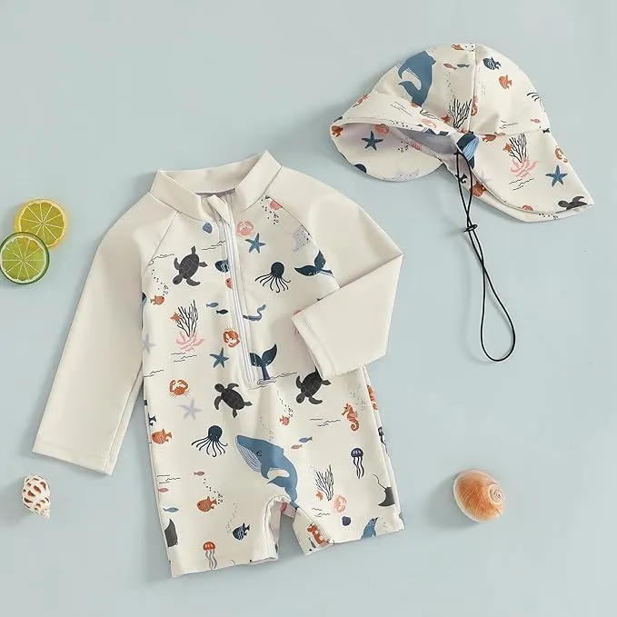 Baby Boys' Toddler Rash Guard Swimsuit Long Sleeve Sun Protection One Piece Zipper Bathing Suit with Sun Hat Beach Swimwear