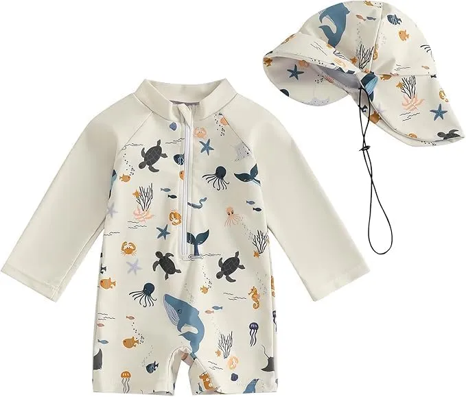 Baby Boys' Toddler Rash Guard Swimsuit Long Sleeve Sun Protection One Piece Zipper Bathing Suit with Sun Hat Beach Swimwear