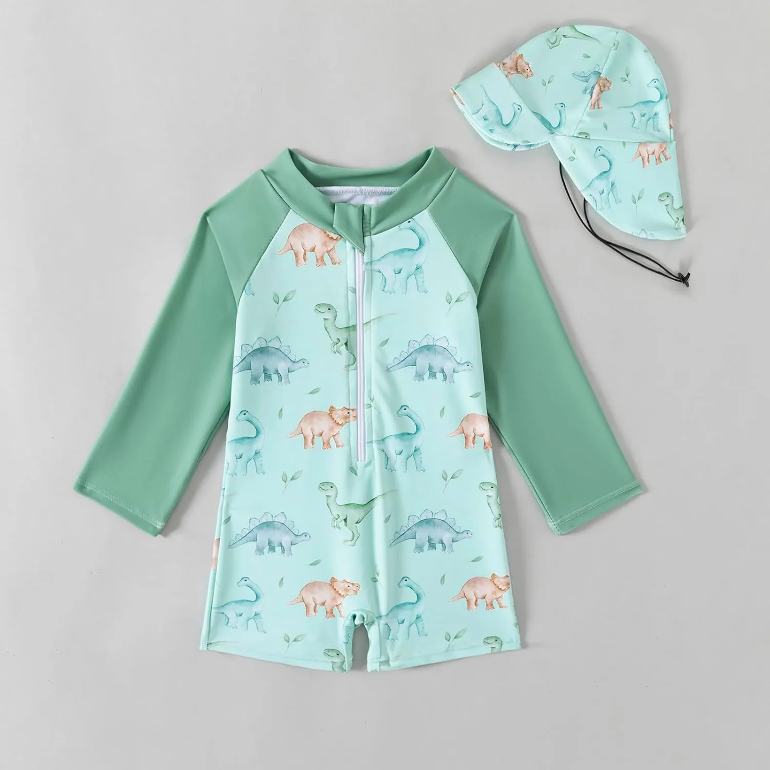 Baby Boys' Toddler Rash Guard Swimsuit Long Sleeve Sun Protection One Piece Zipper Bathing Suit with Sun Hat Beach Swimwear