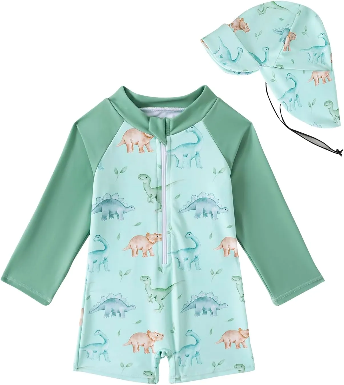 Baby Boys' Toddler Rash Guard Swimsuit Long Sleeve Sun Protection One Piece Zipper Bathing Suit with Sun Hat Beach Swimwear
