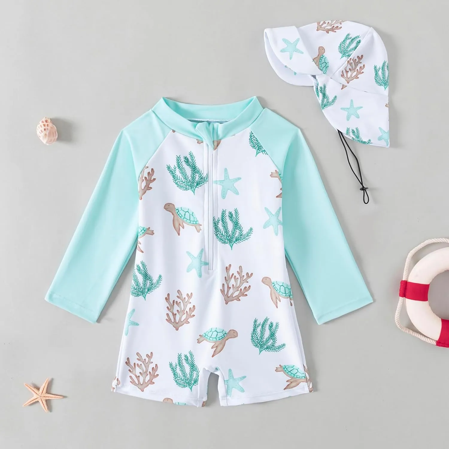 Baby Boys' Toddler Rash Guard Swimsuit Long Sleeve Sun Protection One Piece Zipper Bathing Suit with Sun Hat Beach Swimwear