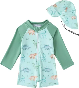 Baby Boys' Toddler Rash Guard Swimsuit Long Sleeve Sun Protection One Piece Zipper Bathing Suit with Sun Hat Beach Swimwear