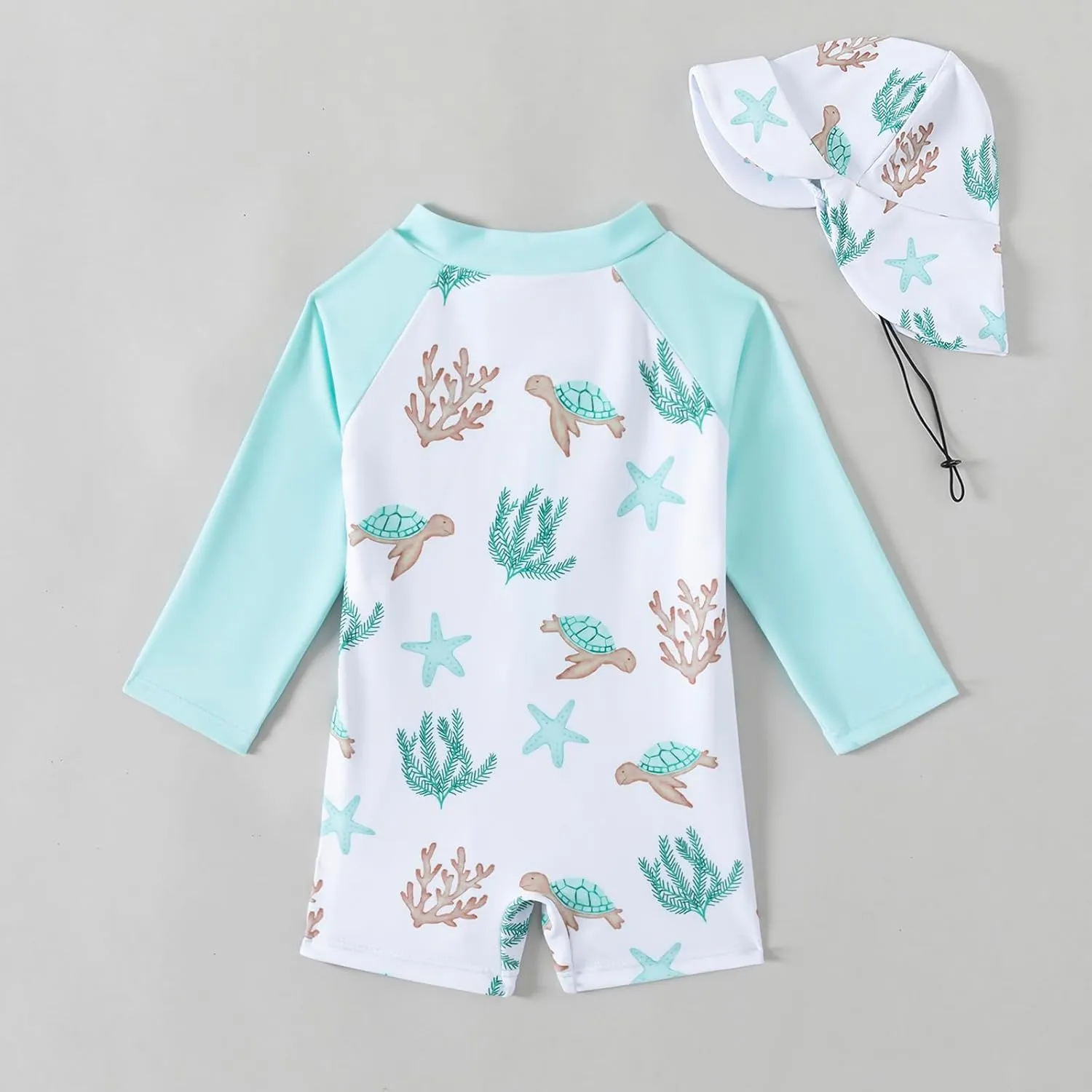 Baby Boys' Toddler Rash Guard Swimsuit Long Sleeve Sun Protection One Piece Zipper Bathing Suit with Sun Hat Beach Swimwear
