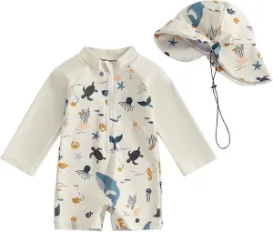 Baby Boys' Toddler Rash Guard Swimsuit Long Sleeve Sun Protection One Piece Zipper Bathing Suit with Sun Hat Beach Swimwear