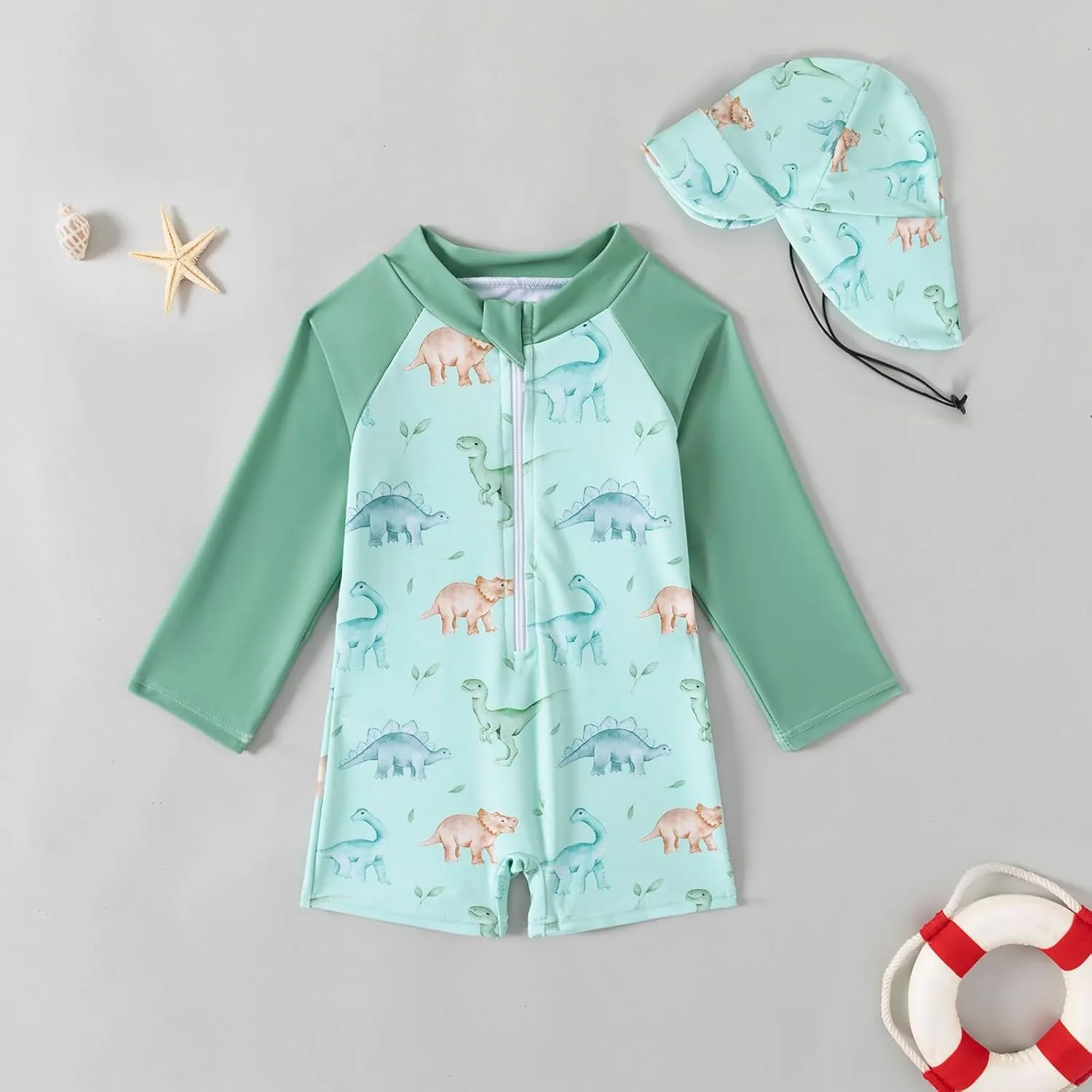 Baby Boys' Toddler Rash Guard Swimsuit Long Sleeve Sun Protection One Piece Zipper Bathing Suit with Sun Hat Beach Swimwear