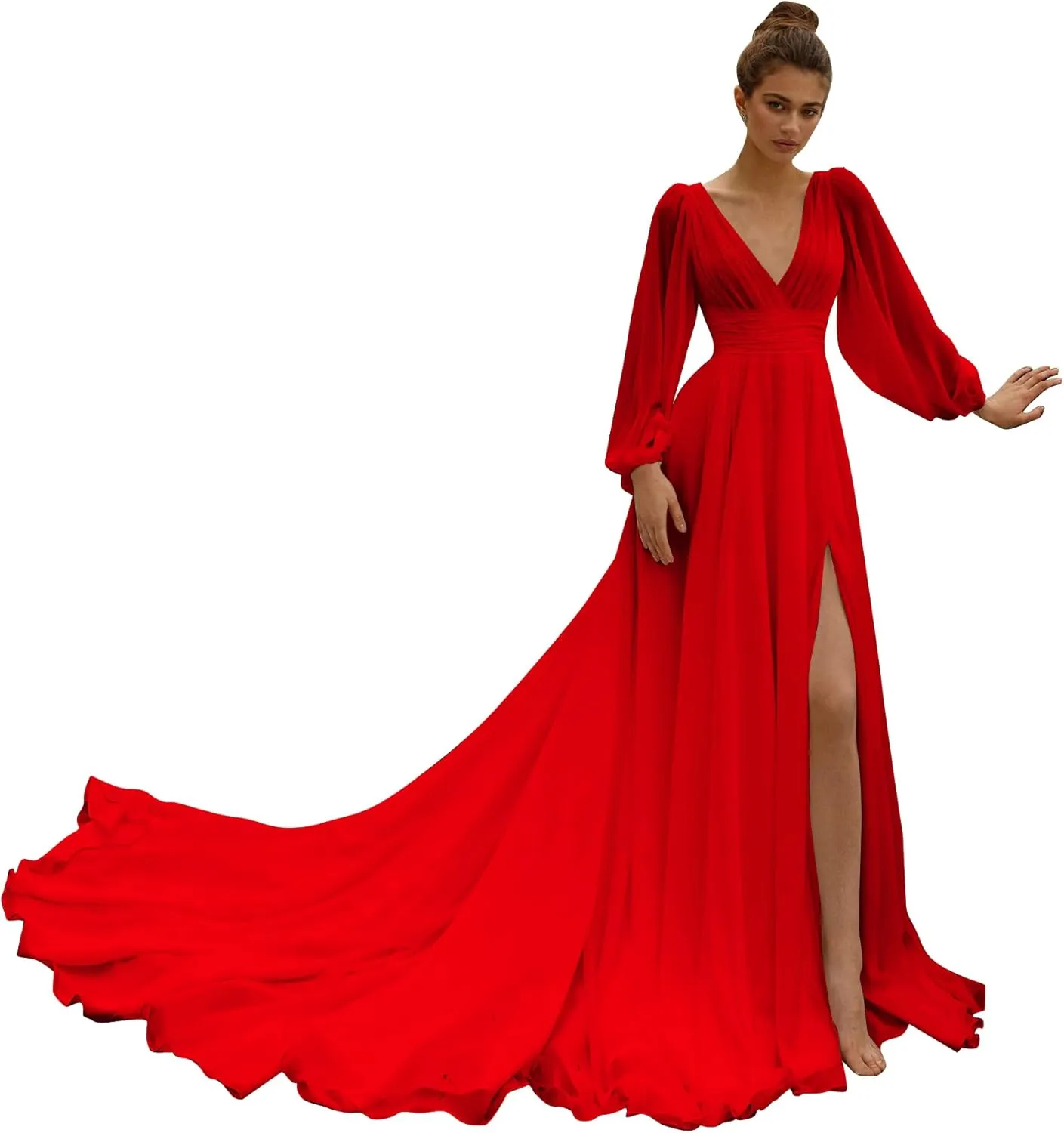 Beach Long Sleeve Wedding Dresses for Bride V Neck Empire Waist Slit A Line Chiffon Bridal Gown with Train