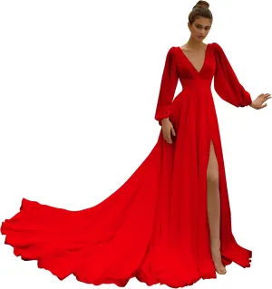Beach Long Sleeve Wedding Dresses for Bride V Neck Empire Waist Slit A Line Chiffon Bridal Gown with Train