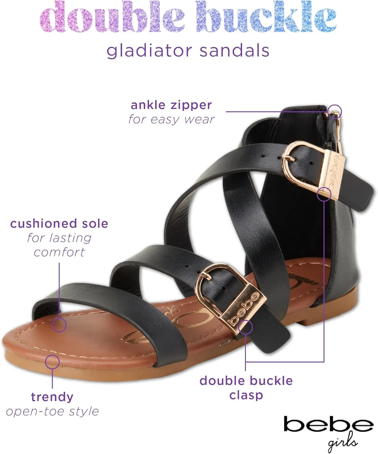 bebe Girls Sandals - Open Toe Summer Easter Strappy Flat Dress Gladiator Sandals with Cushioned Sole