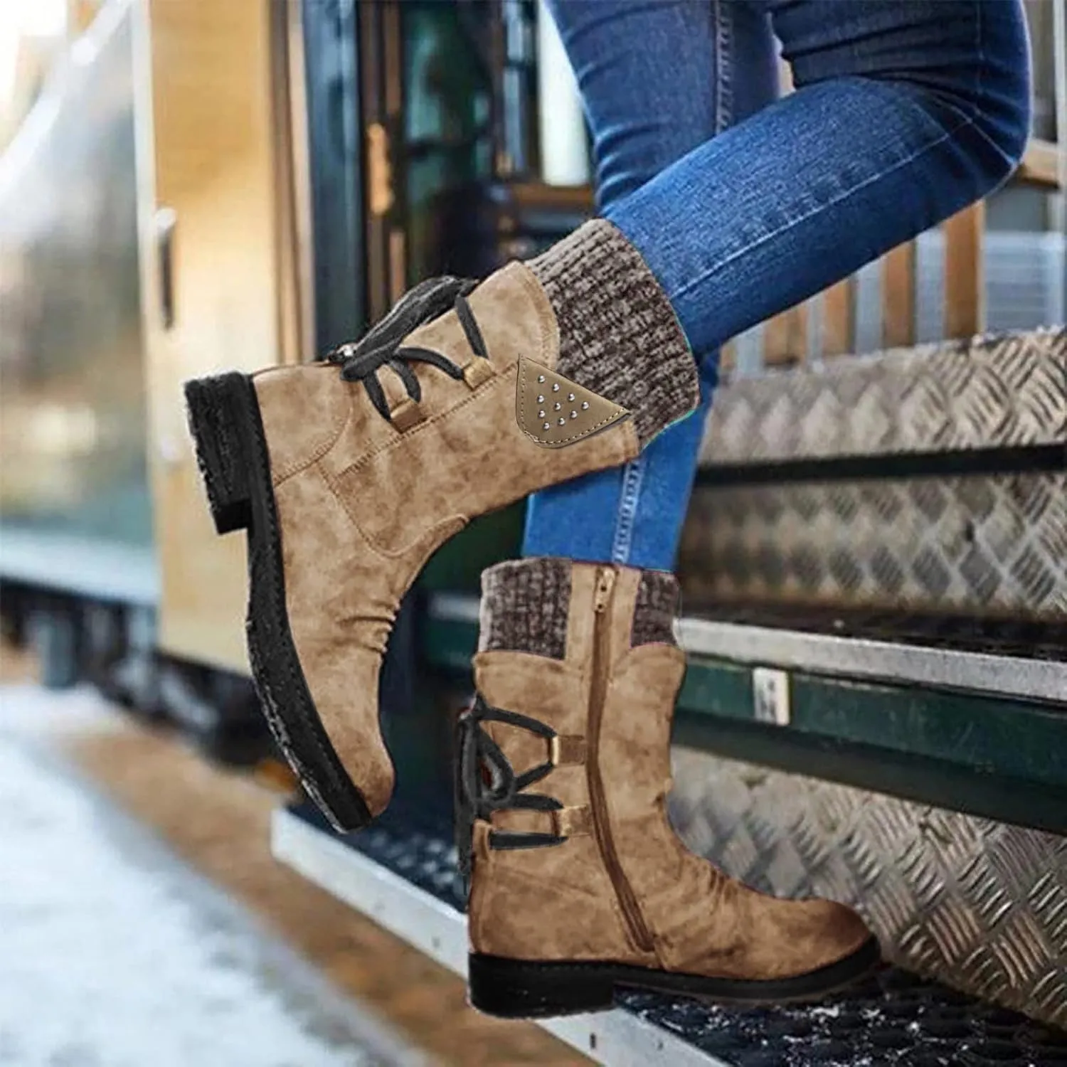 Black Snow Boots for Women Knee High Women's Waterproof Boots Women's Winter Fur Lined Ankle Boots Waterproof Cute Snow Boots for Woman Botas Nieve Trabajo