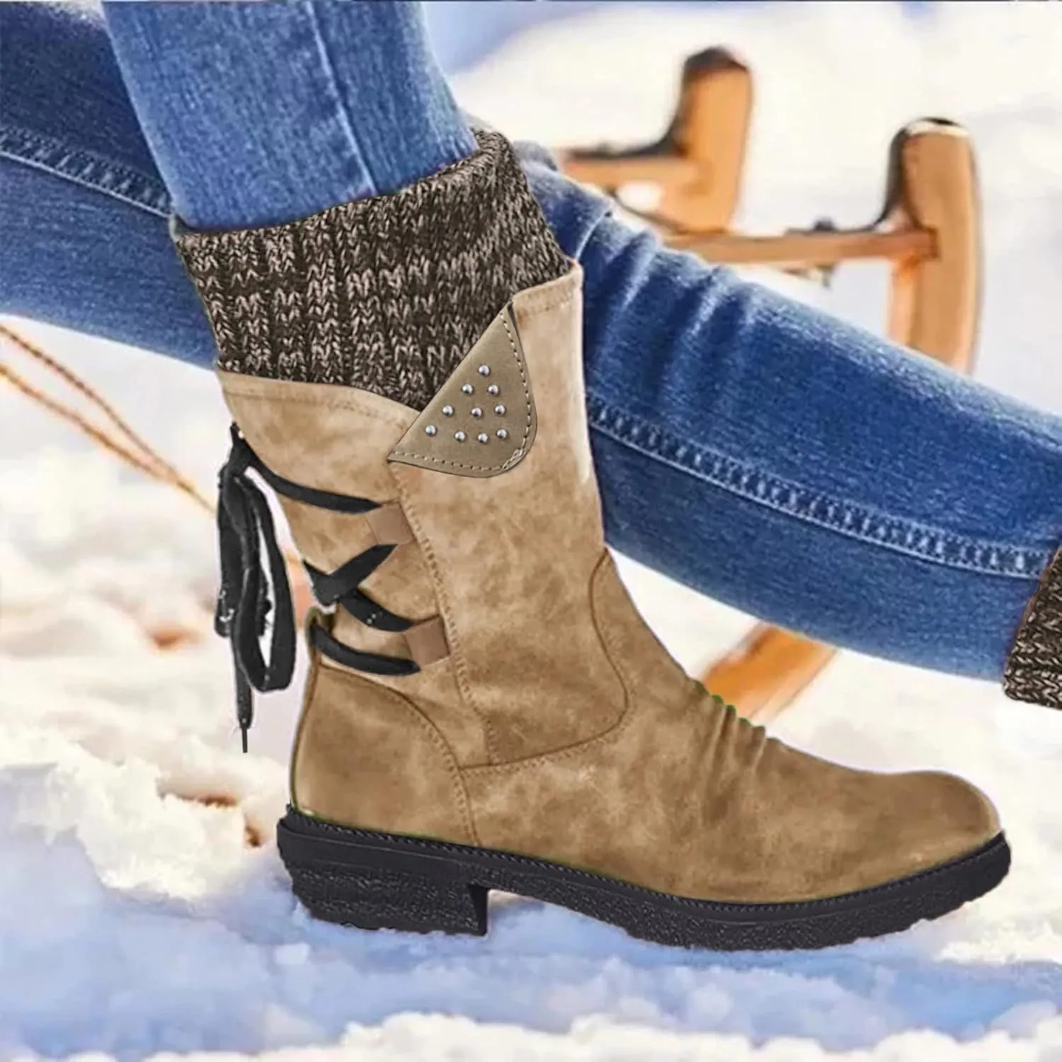 Black Snow Boots for Women Knee High Women's Waterproof Boots Women's Winter Fur Lined Ankle Boots Waterproof Cute Snow Boots for Woman Botas Nieve Trabajo