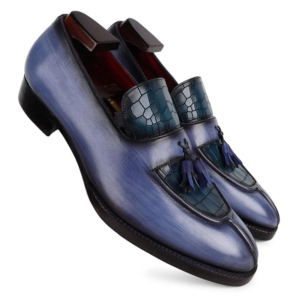 Blue Brushed Patina Mirror Glossed Apron Toe Tassel Loafers With Blue Croco Detail
