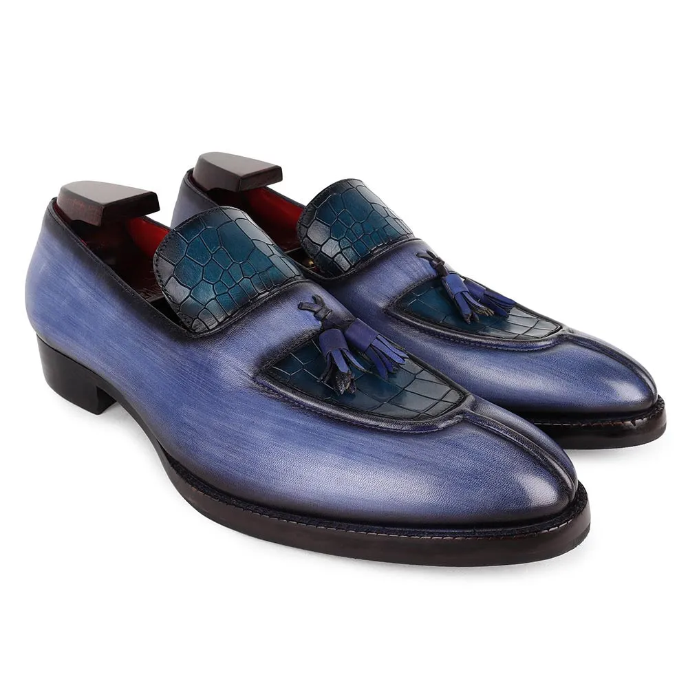 Blue Brushed Patina Mirror Glossed Apron Toe Tassel Loafers With Blue Croco Detail
