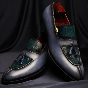 Blue Brushed Patina Mirror Glossed Apron Toe Tassel Loafers With Blue Croco Detail