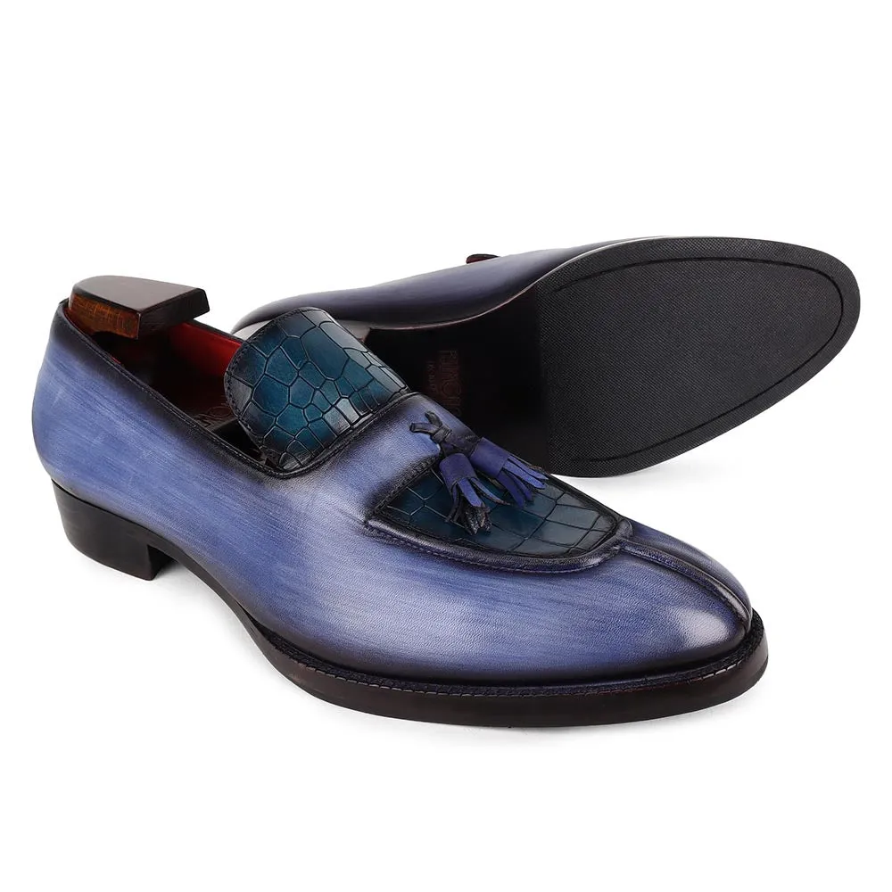 Blue Brushed Patina Mirror Glossed Apron Toe Tassel Loafers With Blue Croco Detail