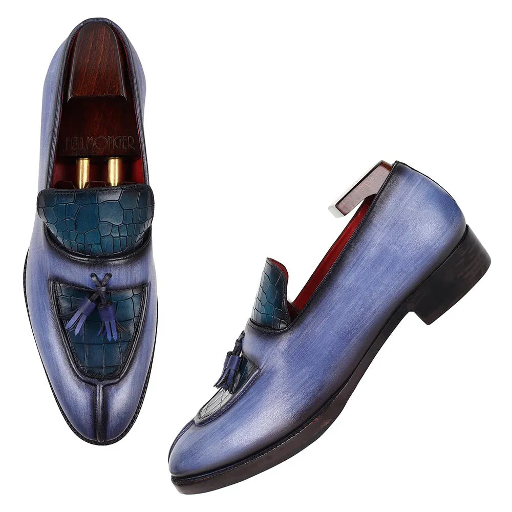 Blue Brushed Patina Mirror Glossed Apron Toe Tassel Loafers With Blue Croco Detail