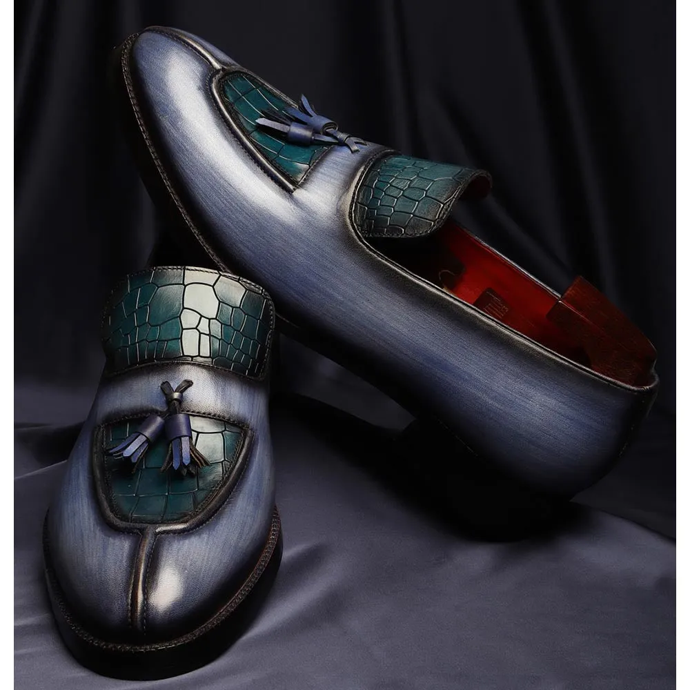 Blue Brushed Patina Mirror Glossed Apron Toe Tassel Loafers With Blue Croco Detail