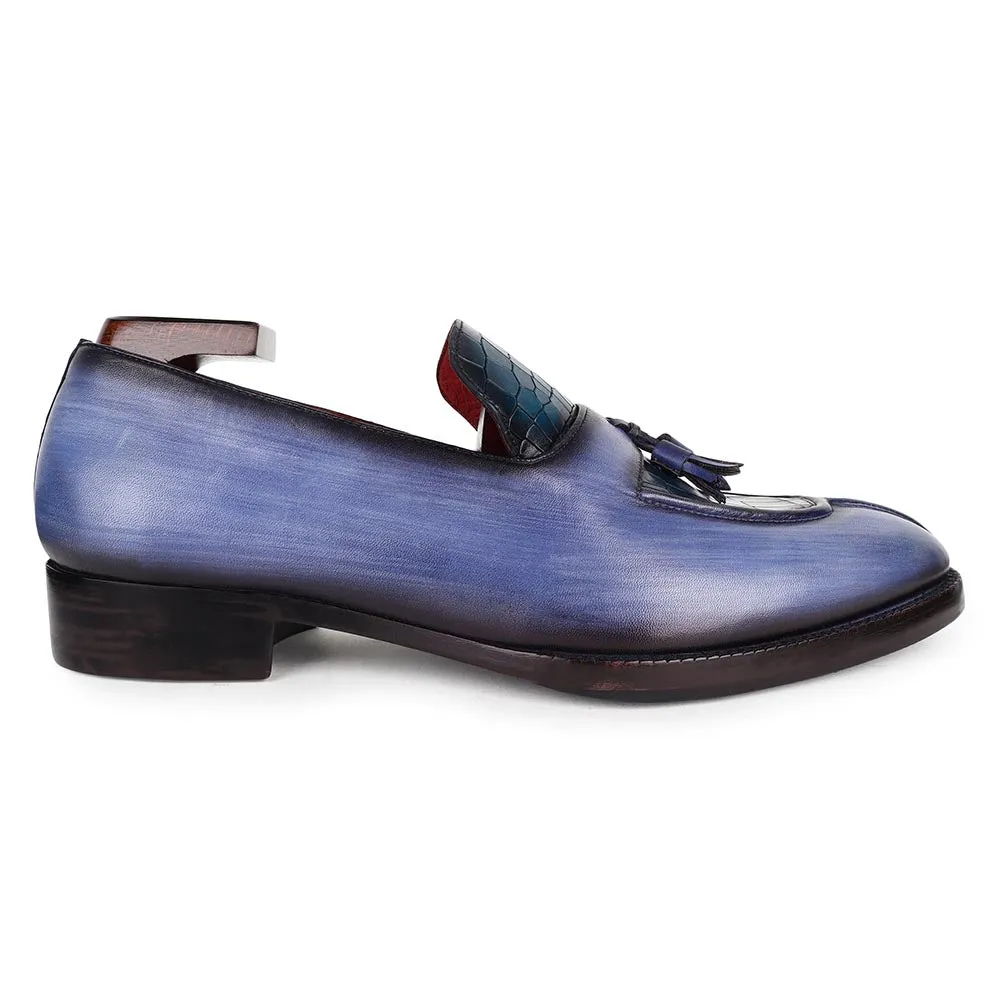 Blue Brushed Patina Mirror Glossed Apron Toe Tassel Loafers With Blue Croco Detail