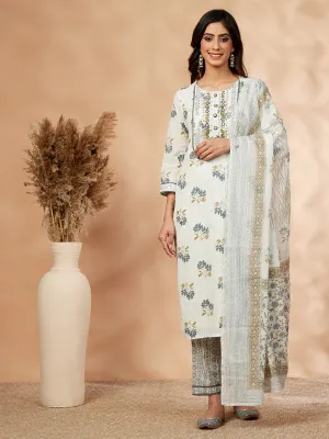 Blue Cotton Printed Straight Kurta Set