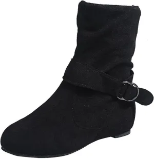 Boots for Women Fashion Buckle Side Zipper Solid Color Womens Boots Chunky Heel Soft PU Leather Ankle Boots