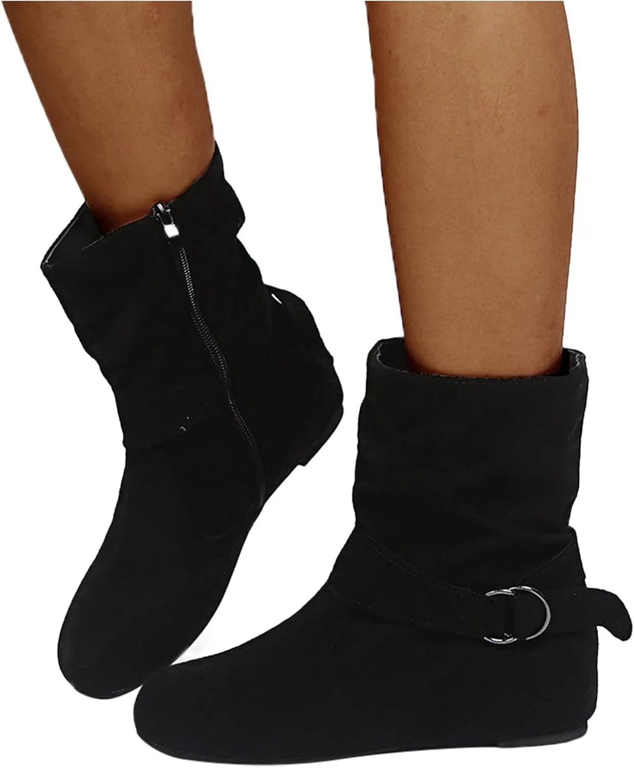 Boots for Women Fashion Buckle Side Zipper Solid Color Womens Boots Chunky Heel Soft PU Leather Ankle Boots