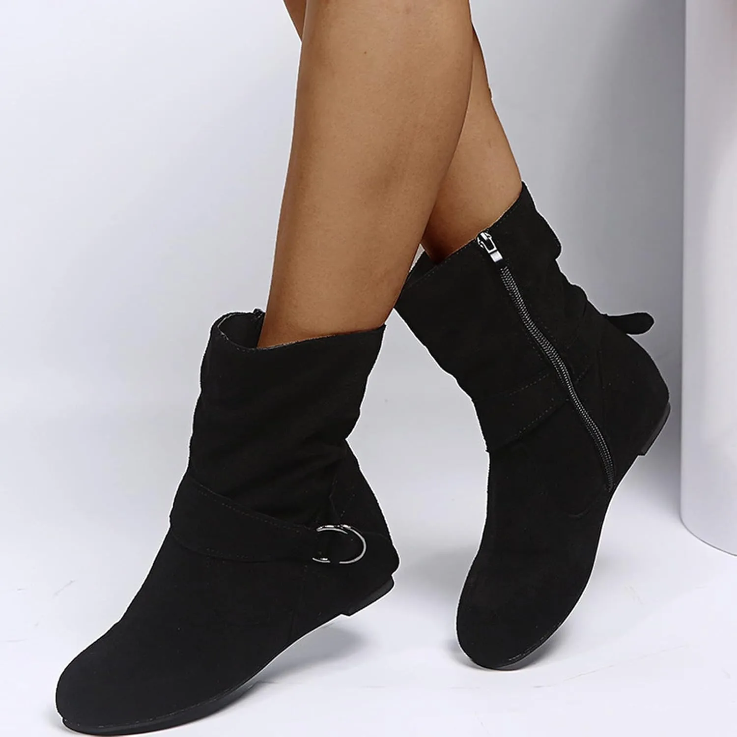 Boots for Women Fashion Buckle Side Zipper Solid Color Womens Boots Chunky Heel Soft PU Leather Ankle Boots