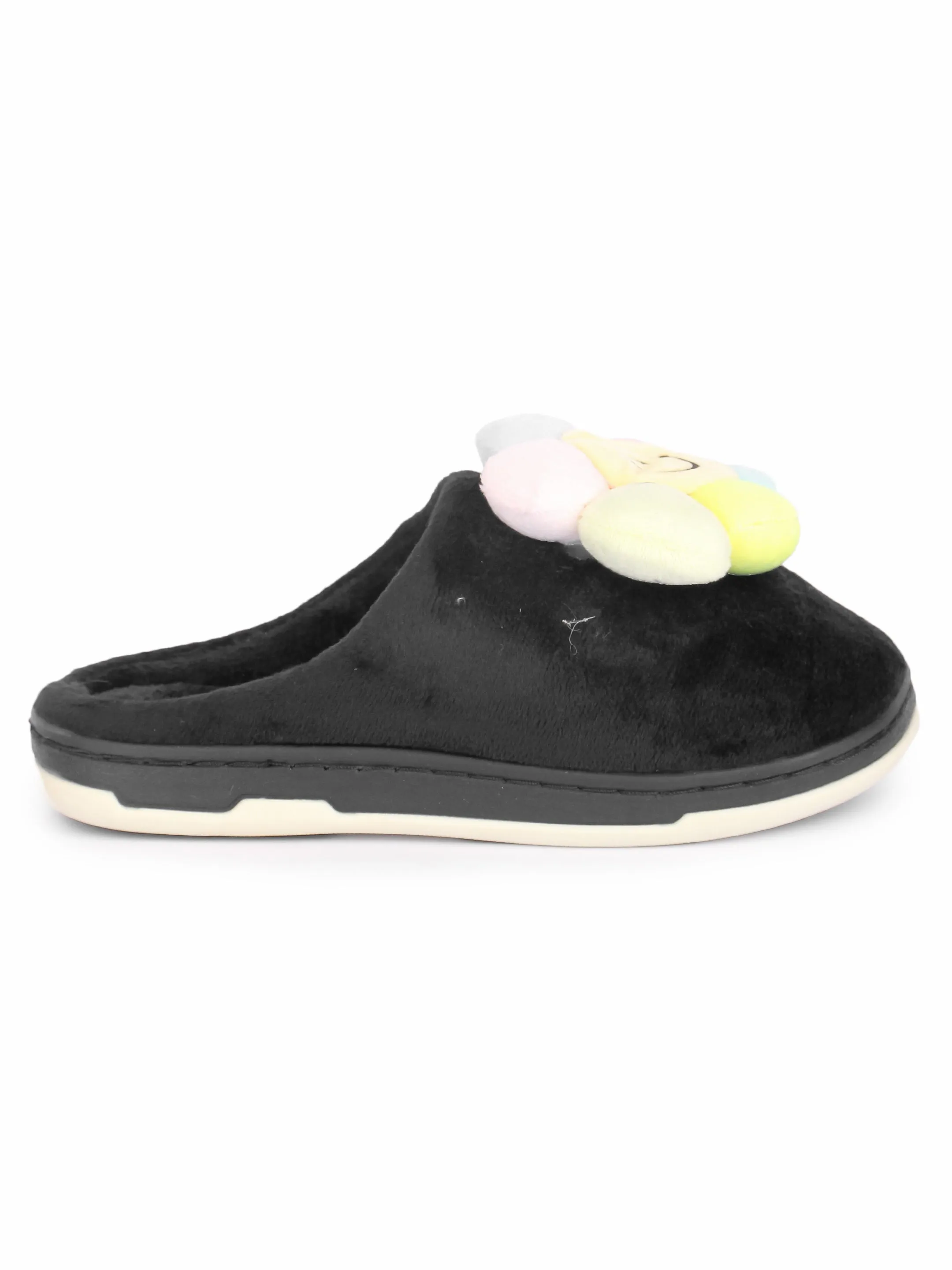 Brauch Women's Black Happy Sunflower Fur Winter Slippers