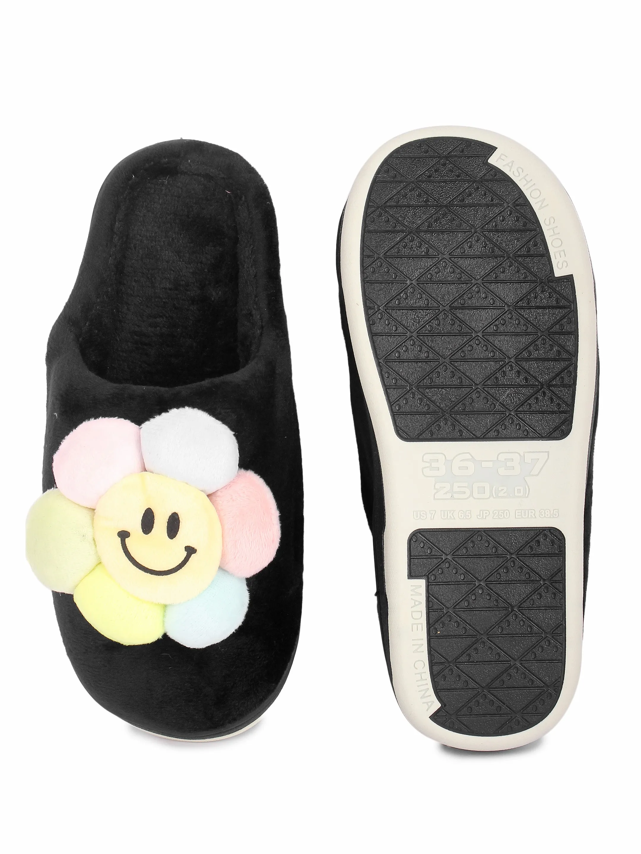 Brauch Women's Black Happy Sunflower Fur Winter Slippers