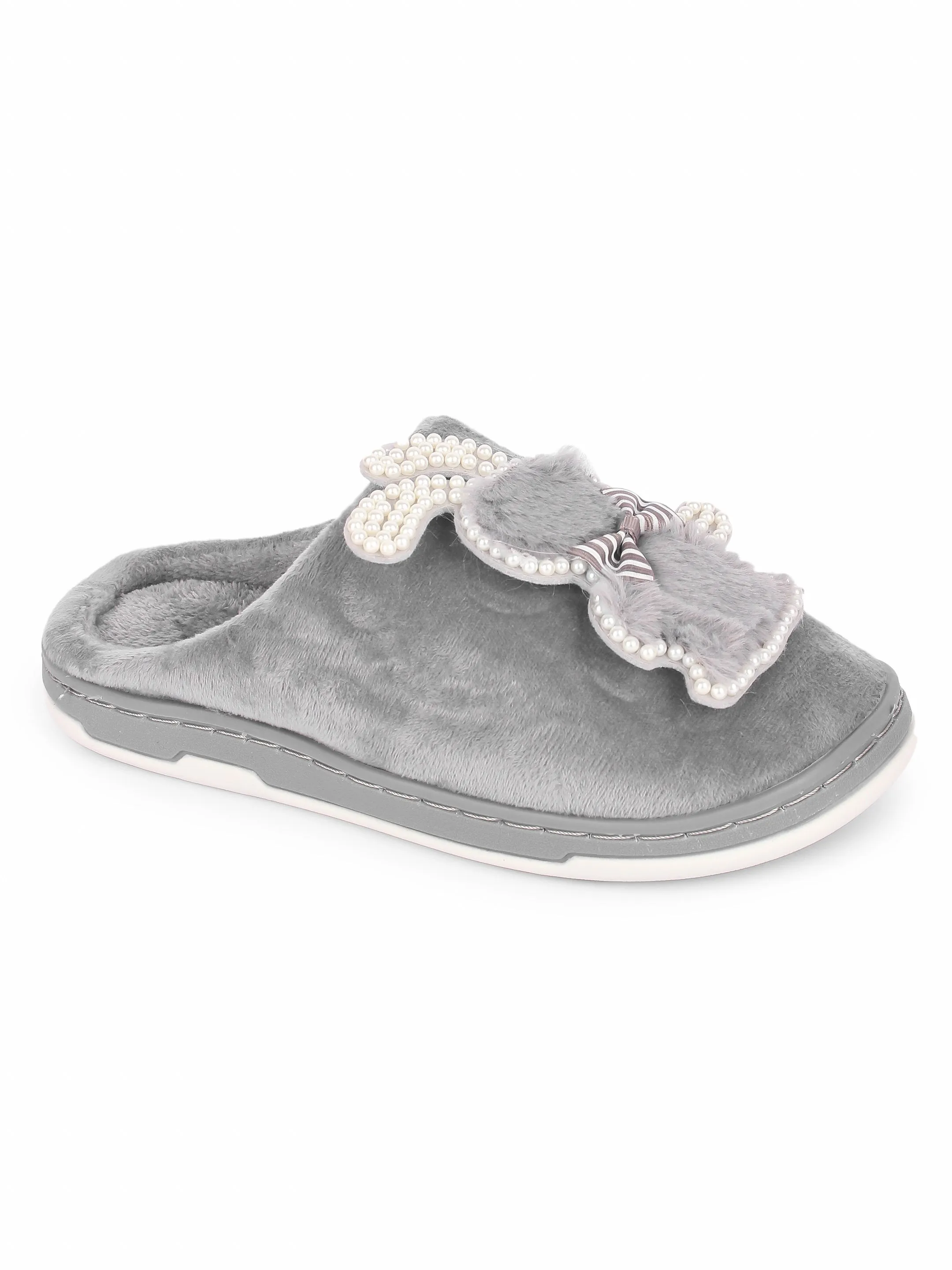 Brauch Women's Grey Wavy Ear Fur Winter Slippers