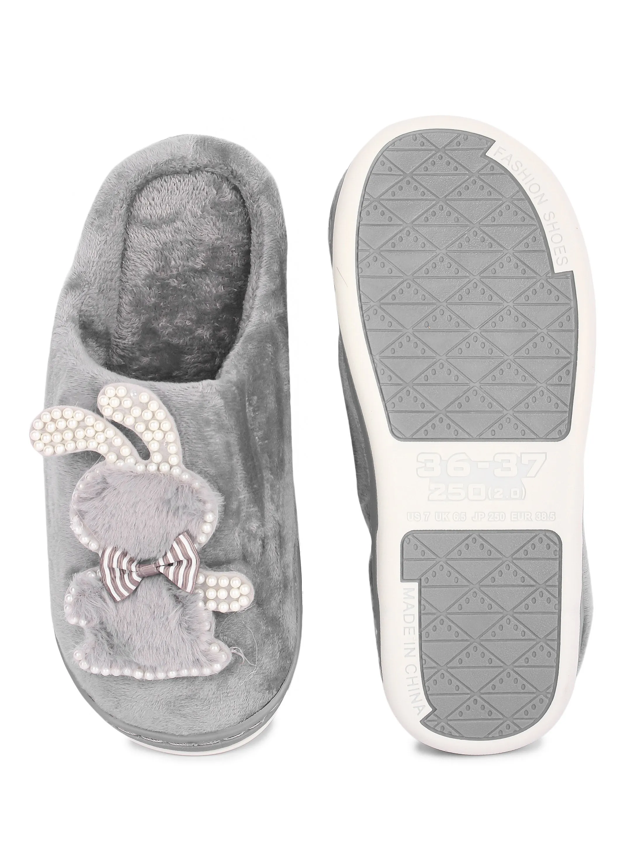 Brauch Women's Grey Wavy Ear Fur Winter Slippers