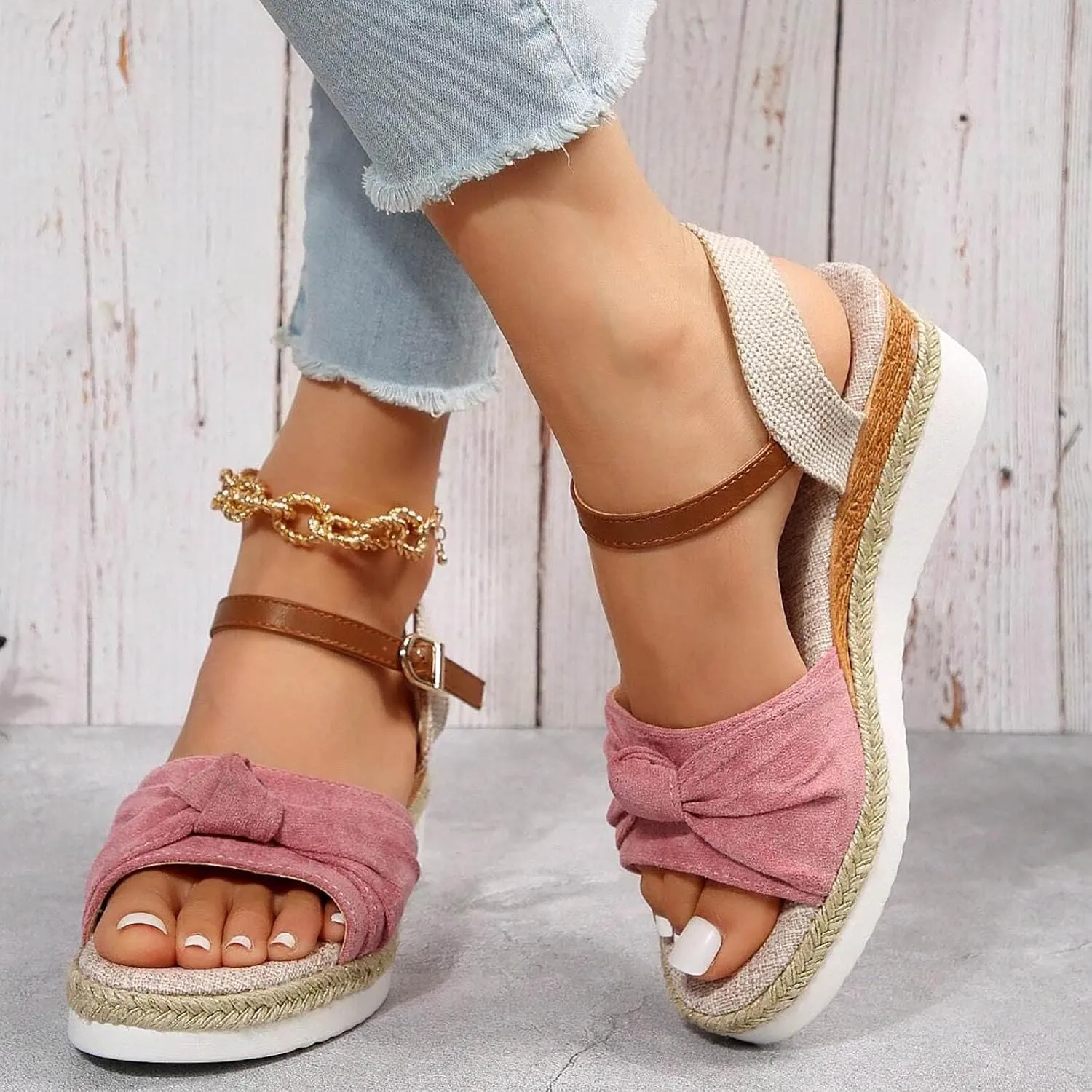 Cathalem Summer Sandals for Women 2024 Womens Wedge Sandals Comfortable Open Toe Ankle Strap Low Wedges for Women