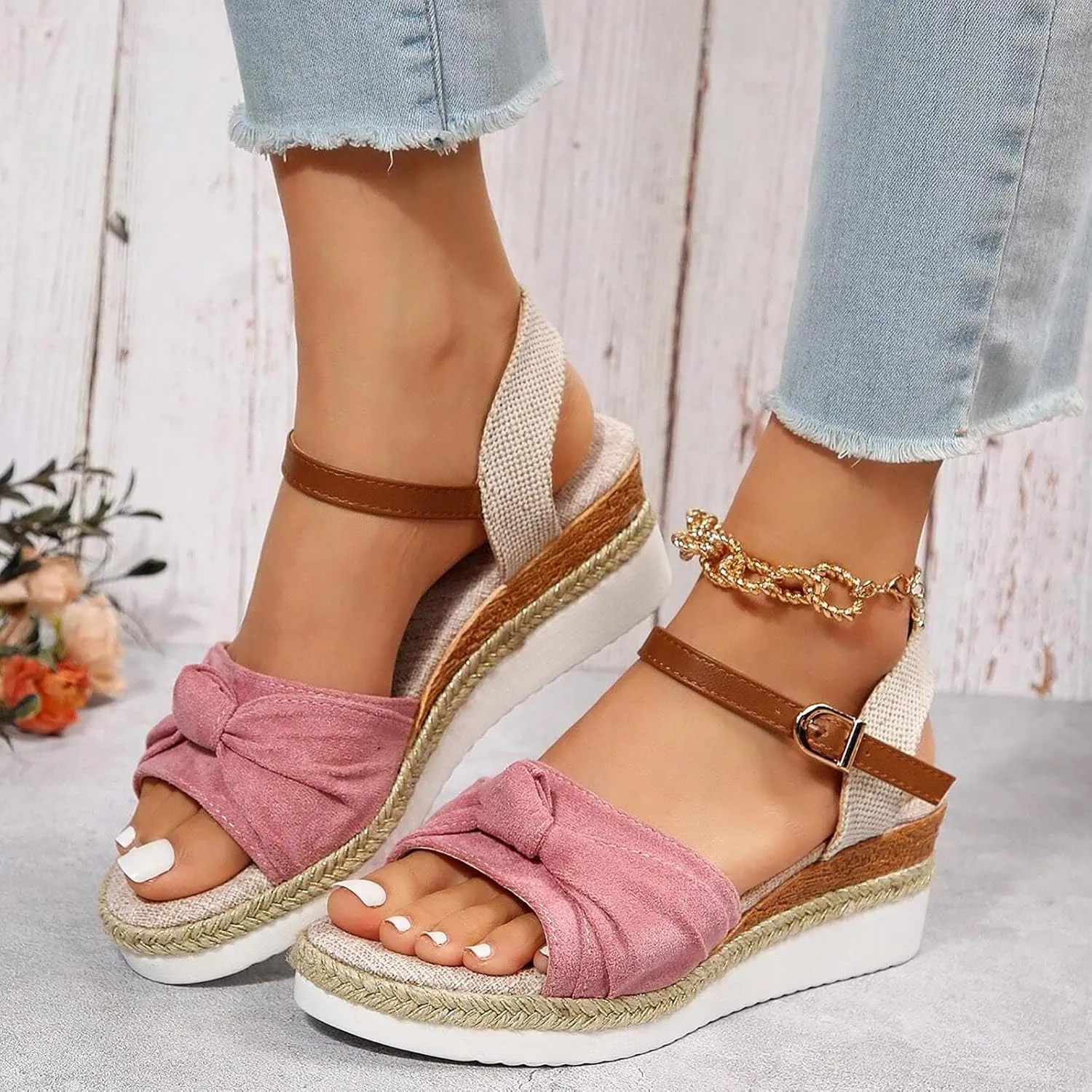 Cathalem Summer Sandals for Women 2024 Womens Wedge Sandals Comfortable Open Toe Ankle Strap Low Wedges for Women