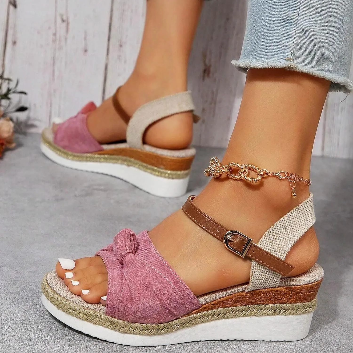 Cathalem Summer Sandals for Women 2024 Womens Wedge Sandals Comfortable Open Toe Ankle Strap Low Wedges for Women