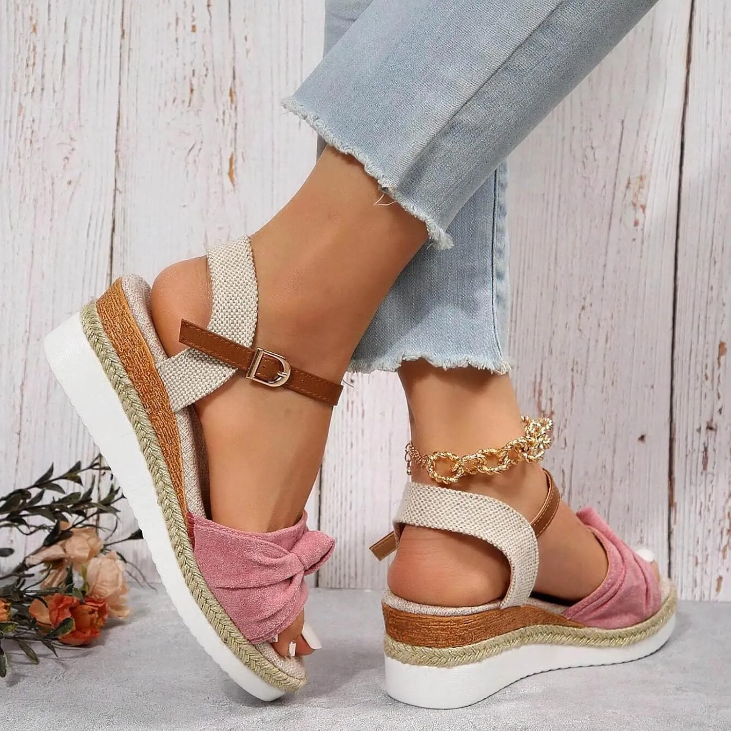 Cathalem Summer Sandals for Women 2024 Womens Wedge Sandals Comfortable Open Toe Ankle Strap Low Wedges for Women