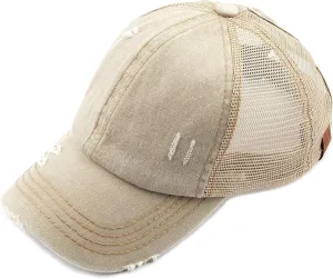 C.C Hatsandscarf Exclusives Washed Distressed Cotton Denim Ponytail Hat Adjustable Baseball Cap (BT-12) (BT-13)