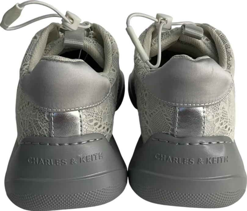 Charles & Keith Grey Casey Metallic & Lace Chunky Sneakers UK 4 EU 37 