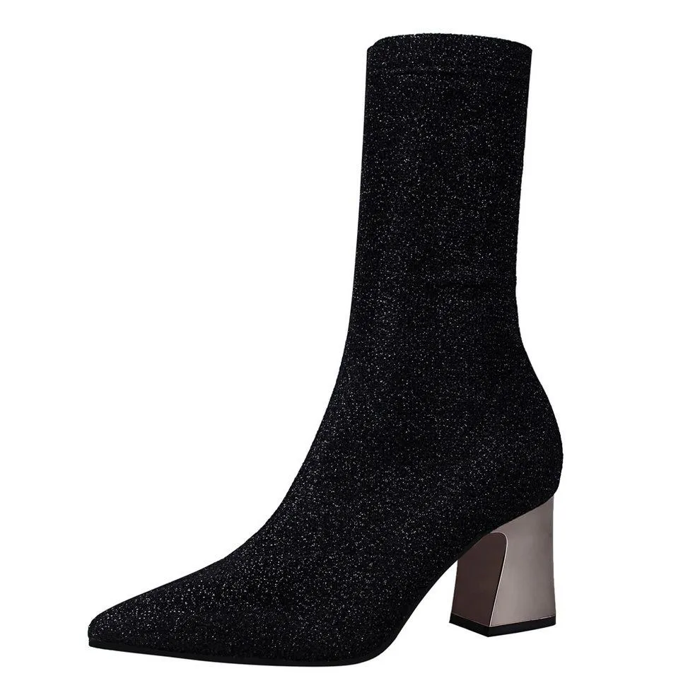 Chicvane Shiny Stretch Pointed Toe Chunky Heel Mid Calf Boots