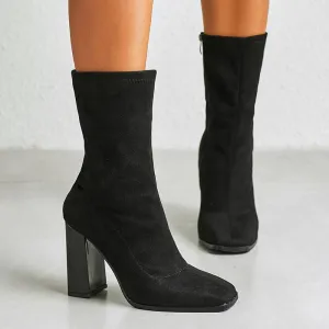 Chicvane Suede Square Toe Chunky Heel Mid Calf Boots For Girls With Zipper