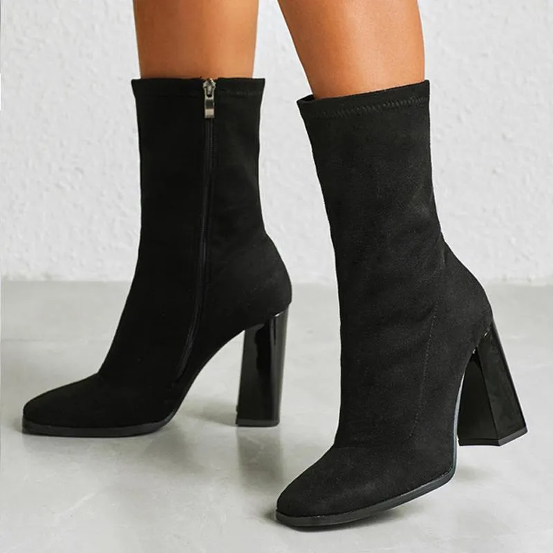 Chicvane Suede Square Toe Chunky Heel Mid Calf Boots For Girls With Zipper