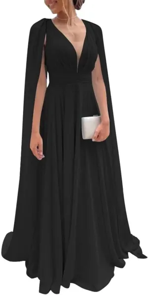 Chiffon Bridesmaid Dresses A Line Cape Sleeve Prom Dress V Neck Formal Evening Gown