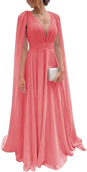Chiffon Bridesmaid Dresses A Line Cape Sleeve Prom Dress V Neck Formal Evening Gown