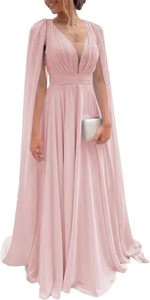Chiffon Bridesmaid Dresses A Line Cape Sleeve Prom Dress V Neck Formal Evening Gown
