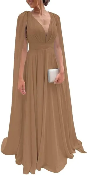 Chiffon Bridesmaid Dresses A Line Cape Sleeve Prom Dress V Neck Formal Evening Gown