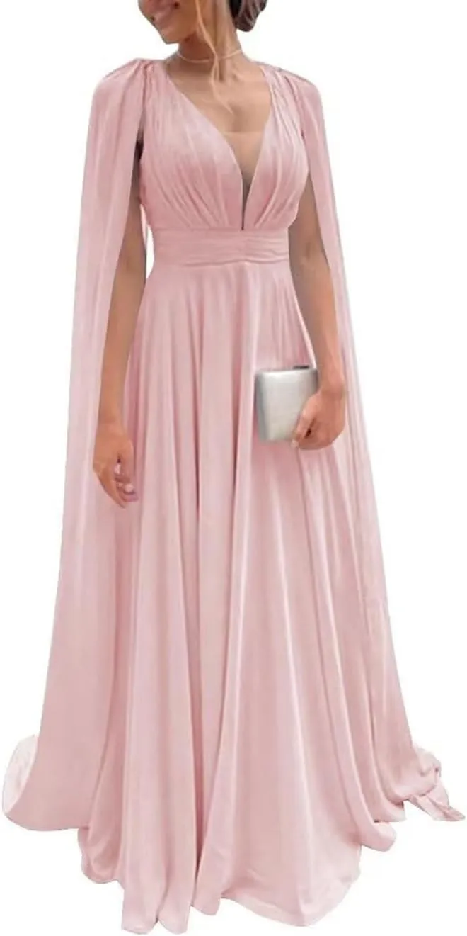 Chiffon Bridesmaid Dresses A Line Cape Sleeve Prom Dress V Neck Formal Evening Gown